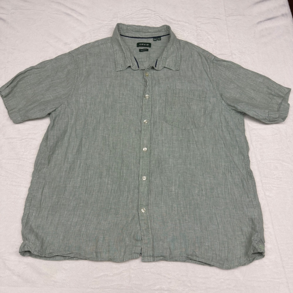 Orvis Linen Shirt Mens XXL Sage Green Short Sleeve Breathable Vacation Beach